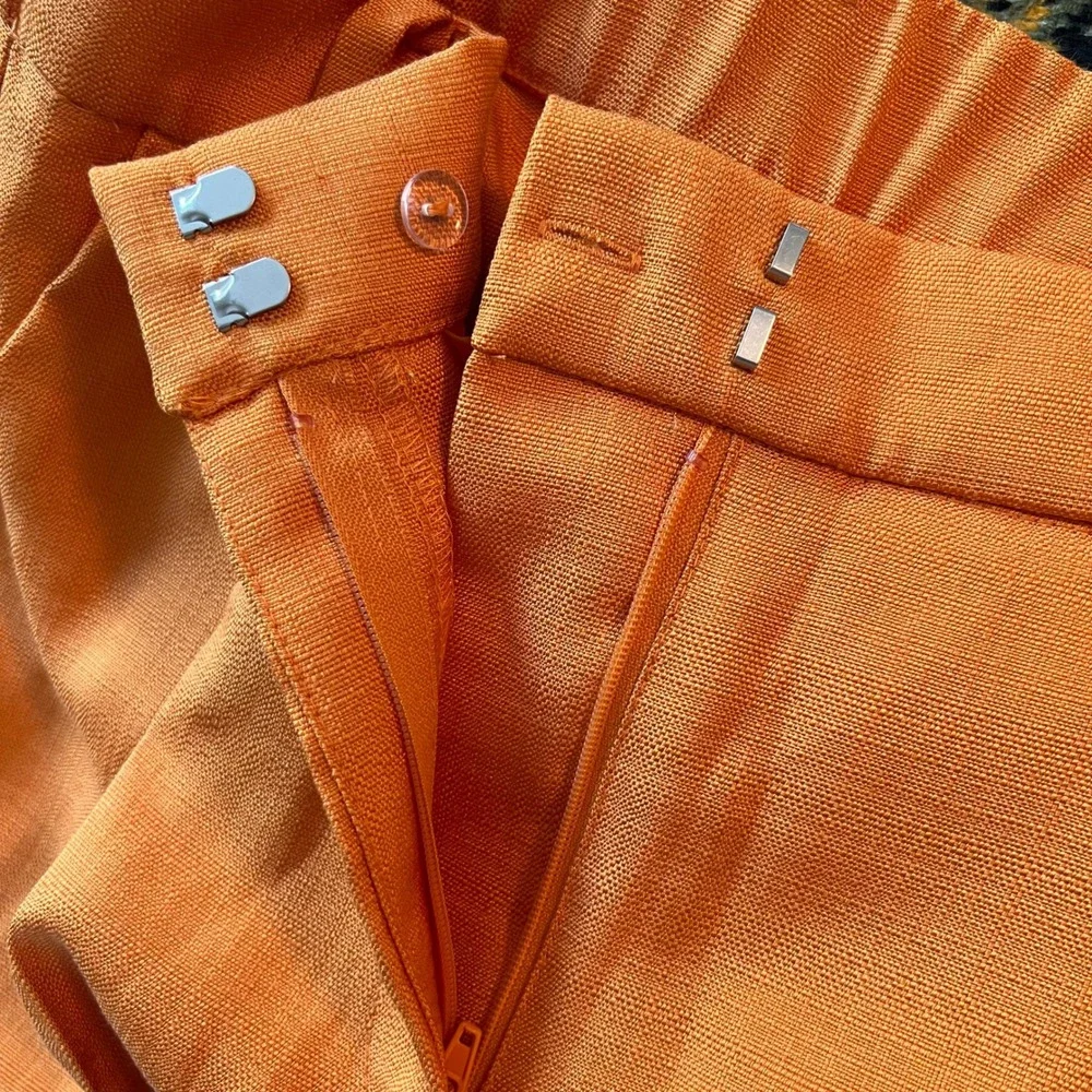 H&M Pants Women 4 Orange Wide Leg High Waisted Textured Linen Blend Trousers